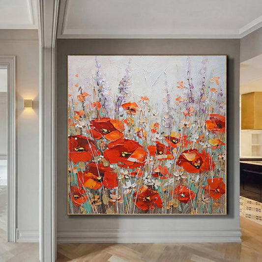 Hand Painted Abstract Red Flowers Landscape Oil Painting On Canvas Thick Oil Wall Art Pictures For