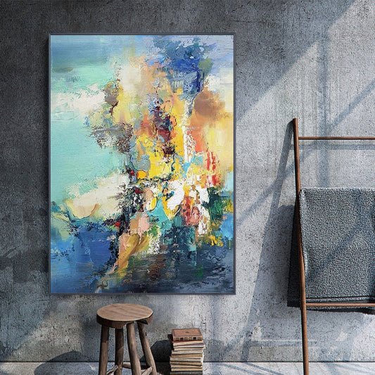 Hand Painted Abstract Oil Painting Modern Minimalist Blue Green Yellow Abstract Color Aisle Decorative Painting Vertical,31inx47in,No Frame