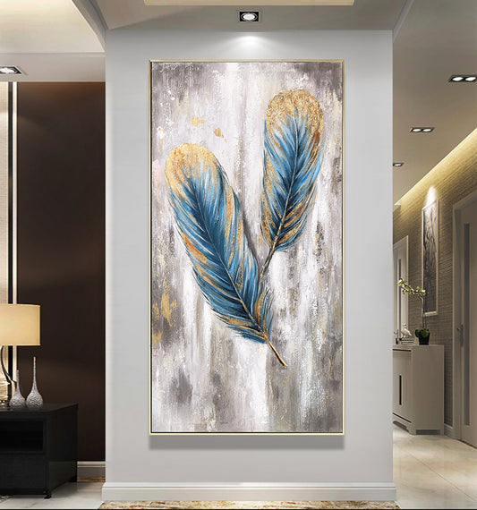 Modern Hand painted Oil Painting Decoration Vertical Prints Feather Decorative Painting Home Hanging Painting Wall Art,27inx54in,No Frame