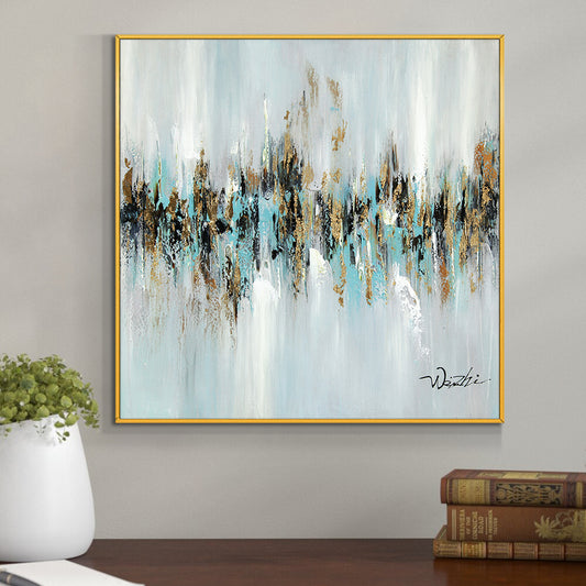 Abstract Blue With Gold Foil Painting Handmade Oil Painting On Canvas Modern Knife Landscape Paintings Wall,31inx31in,No Frame