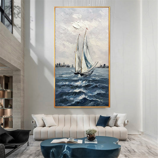 Hand Painted Oil Painting Sailboat Sea Landscape On Canvas Handmade Paintings Large Salon Decoration Abstract Wall,27inx54in,No Frame