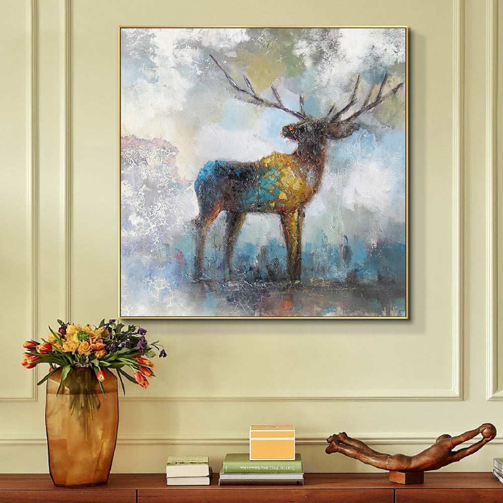 Hand Painted Gold Texture Vintage Oil Painting Modern Abstract Sika deer Wall Art Handmade Canvas Picture