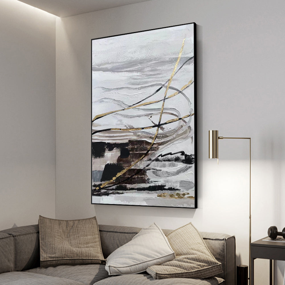 Abstract Gray Black Oil Painting With Gold Foils Hand Painted On Canvas Modern Handmade Wall,27inx54in,No Frame