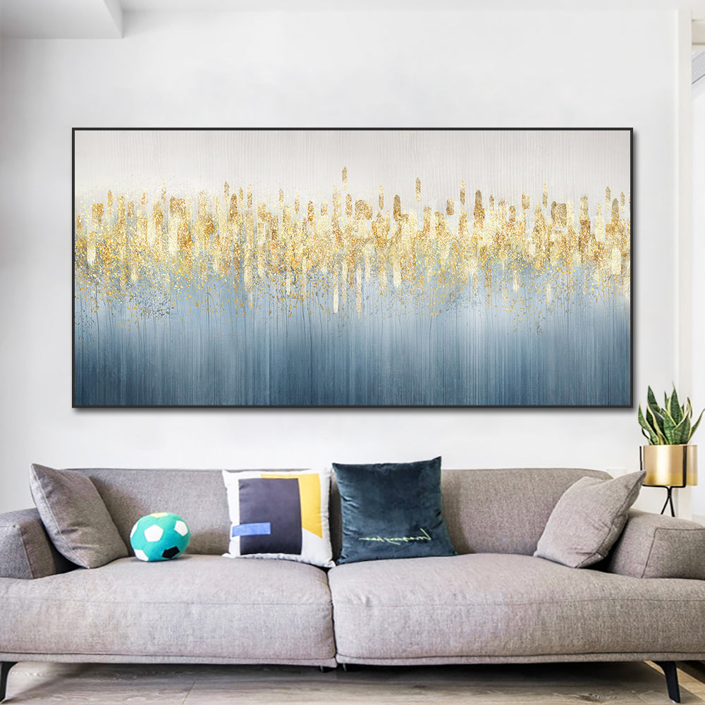 #470Abstract Blue Grey Oil Painting With Gold Foils Hand Painted On Canvas Modern Handmade Wall,27inx54in,No Frame