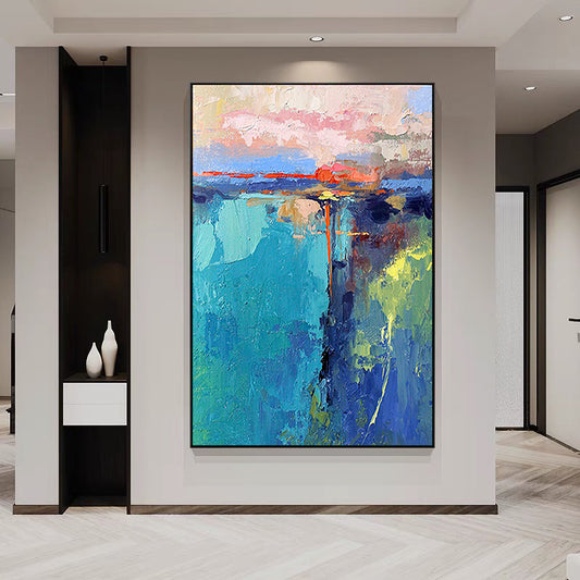 Hand Painted Abstract Colorful Thick Knife Blue Grey Orange Landscape Watercolor Oil Painting Living Room ,31inx47in,No Frame