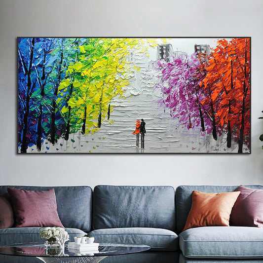 Hand painted Abstract Landscape Oil Painting Colorful Mordern Building Wall Art Handmade Canvas Painting for Living room,27inx54in,No Frame