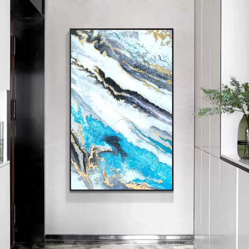 Hand painted Oil Painting Corridor French Light Luxury Hanging Abstract Painting Gold Foil Living Room Decoration,31inx47in,No Frame