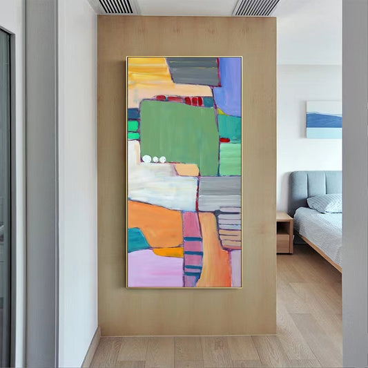 Handpainted Oil Painting Modern Minimalist Geometric Color Block Abstract Decorative Painting Vertical Corridor Hanging Painting,27inx54in,No Frame