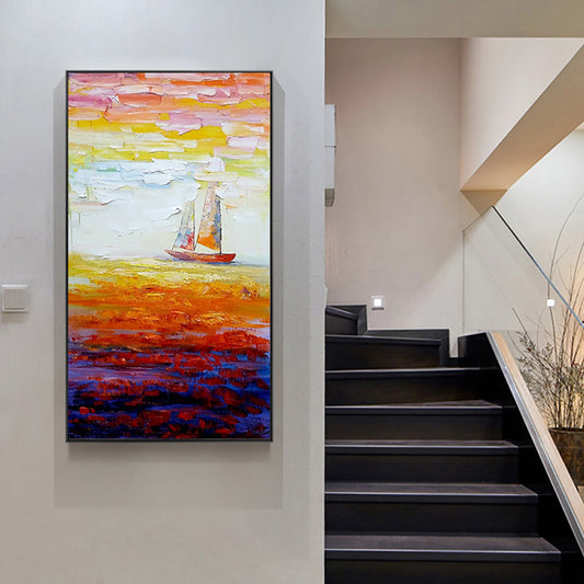 Hand Painted Oil Painting Sailboat Modern Abstract Landscape Decorative Painting Thick Oil Knife Painting On Canvas,27inx54in,No Frame