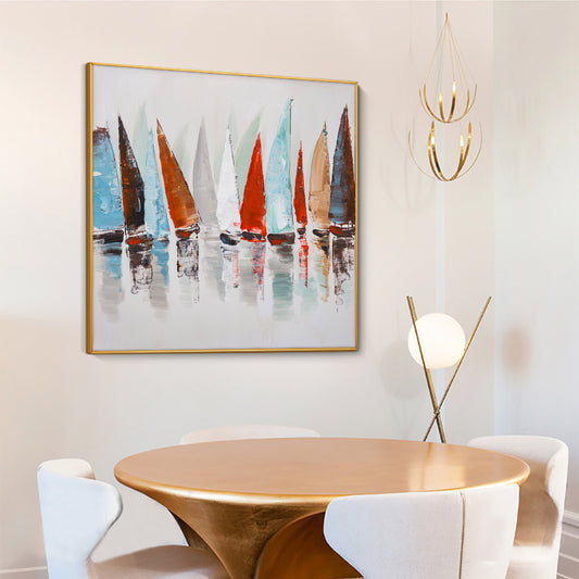 Hand Painted Oil Painting On Canvas Abstract Colorful Sailing Boat On The Sea Painting Modern,31inx31in,No Frame