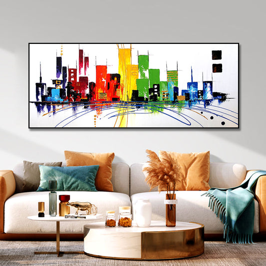 Hand painted Abstract Landscape Oil Painting Colorful Mordern Building Wall Art Handmade Canvas Painting for Living room,27inx54in,No Frame