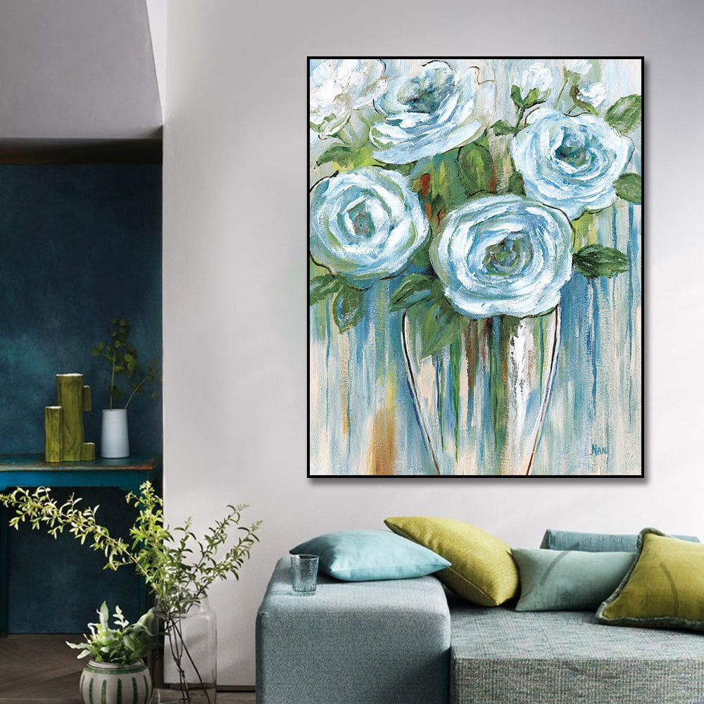 Hand Painted Oil Painting White Rose Canvas Art Handmade Morden Wall Canvas Oil Painting For Home Living Room,31inx47in,No Frame