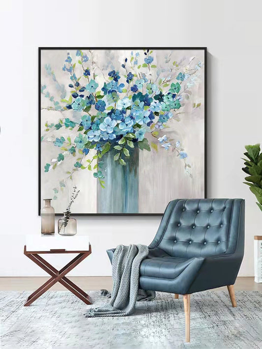 Blue Flowers Vase Artwork Oil Painting Abstract Bouquet Canvas Painting Wall Art Living Room Kitchen Bedroom,31inx31in,No Frame
