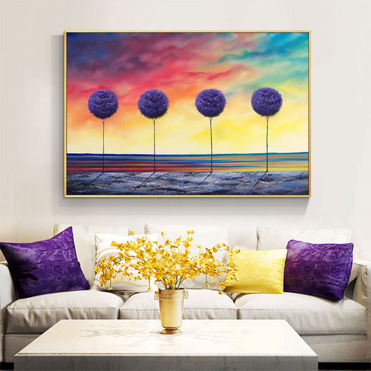 Hand Painted Oil Painting On Canvas Abstract Colorful Sky Purple Plant Thick Palette Knife Painting,27inx54in,No Frame