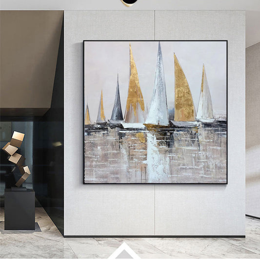 Abstract Canvas Oil Painting Hand Painted Landscape Gold Sailing Boat Home Mural Large Size Handmade Decoracion,31inx31in,No Frame