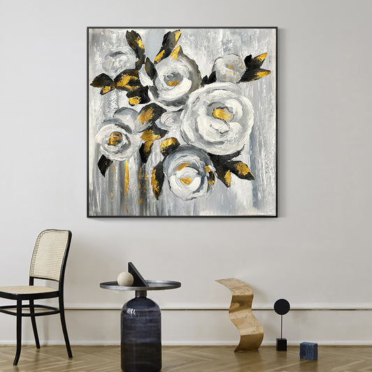 Abstract Textured White Flowers With Black Gold Leaves  Handpainted Oil Painting On Canvas Plant Wall,31inx31in,No Frame