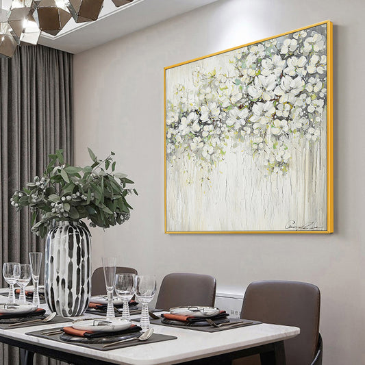 Modern Flower Painting Hand Painted Oil Painting Thick Oil 3D Knife White Flowers Painting For Wedding,31inx31in,No Frame