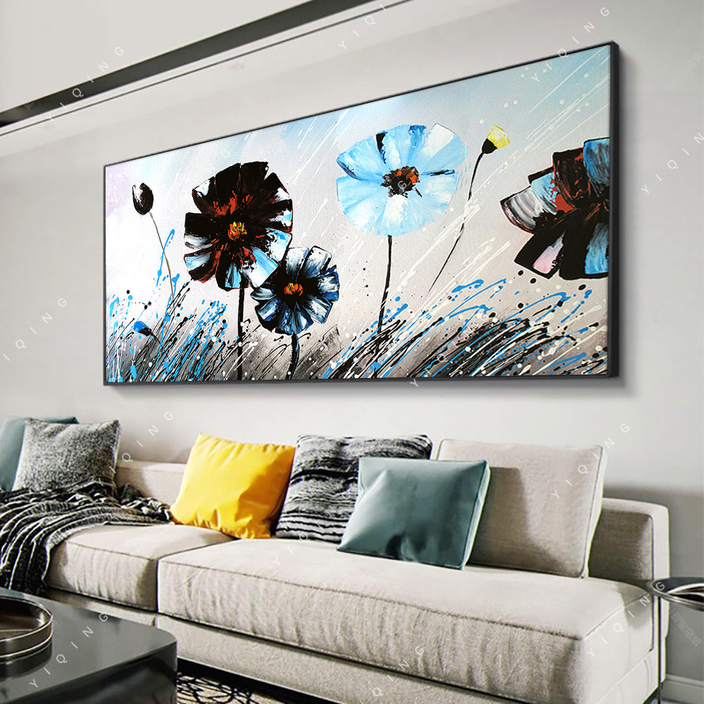 Abstract Blue Black Flowers Oil Painting Hand Painted Plant Painting On Canvas Modern Wall Art,27inx54in,No Frame