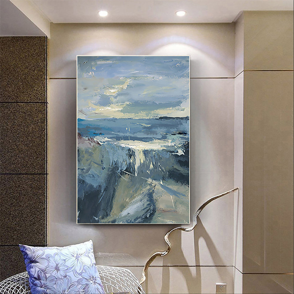 Abstract Handmade Thick Texture Oil Painting Mountain Rive Oil Painting Canvas Wall Art Living Room Office,31inx47in,No Frame