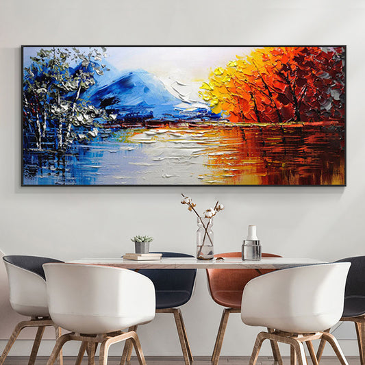 Hand painted Abstract Landscape Oil Painting Wall Art Handmade Red Tree Mountain Canvas Oil Painting,27inx54in,No Frame