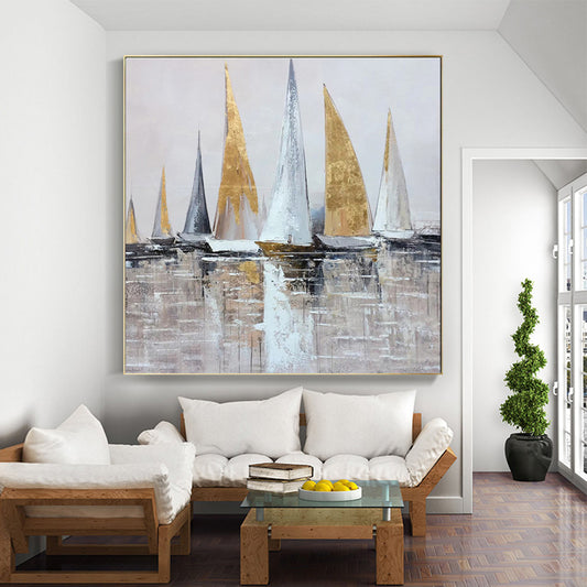 Abstract Canvas Oil Painting Hand Painted Landscape Gold Sailing Boat Home Mural Large Size Handmade Decoracion,31inx31in,No Frame