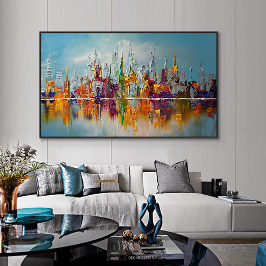 Abstract Colorful Large City Building Painting  Handpainted Oil Painting On Canvas Modern Wall Art Painting,27inx54in,No Frame