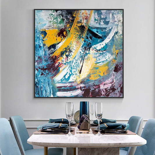 Hand Painted Blue Mixed Yellow Oil Painting On Canvas Modern Abstract Multicolor Wall Art Paintings,31inx31in,No Frame
