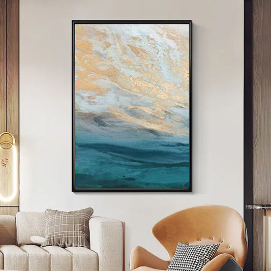 #860 Sea Scenery Unframe  Hand Painted Oil Painting On Canvas Gold Foil Sky Landscape Handmade,31inx47in,No Frame