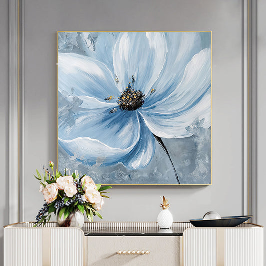 Hand painted Blue Flower Oil Painting Nordic Home Wall Decoration Art Canvas Picture Living Room Square,31inx31in,No Frame