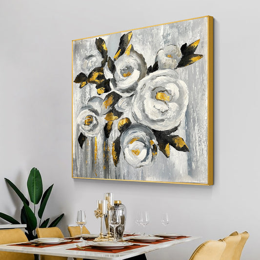 Abstract Textured White Flowers With Black Gold Leaves  Handpainted Oil Painting On Canvas Plant Wall,31inx31in,No Frame