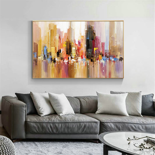 Abstract Building Painting Handmade Oil Painting On Canvas Hand Painted Modern Wall Art Pictures For Living Room,27inx54in,No Frame