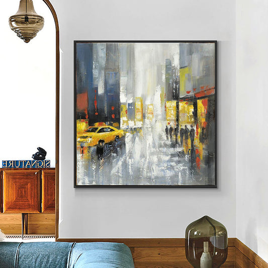 Abstract Yellow Building Car People Wall Art Painting  Hand Painted Oil Painting On Canvas Poster,31inx31in,No Frame