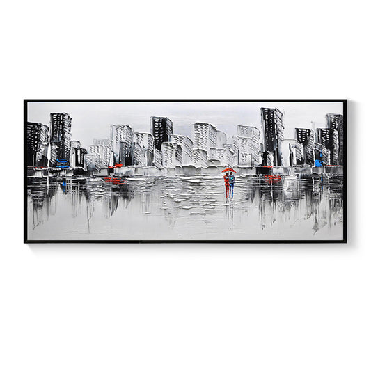 Hand painted Abstract City Building Oil Painting Wall Art Handmade Canvas Painting for Livingroom Home,27inx54in,No Frame