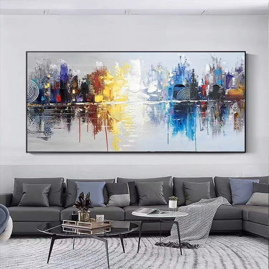 Pure Handmade Oil Painting Modern Minimalist Decorative Painting Aisle Living Room Sofa Mural City Night View,27inx54in,No Frame