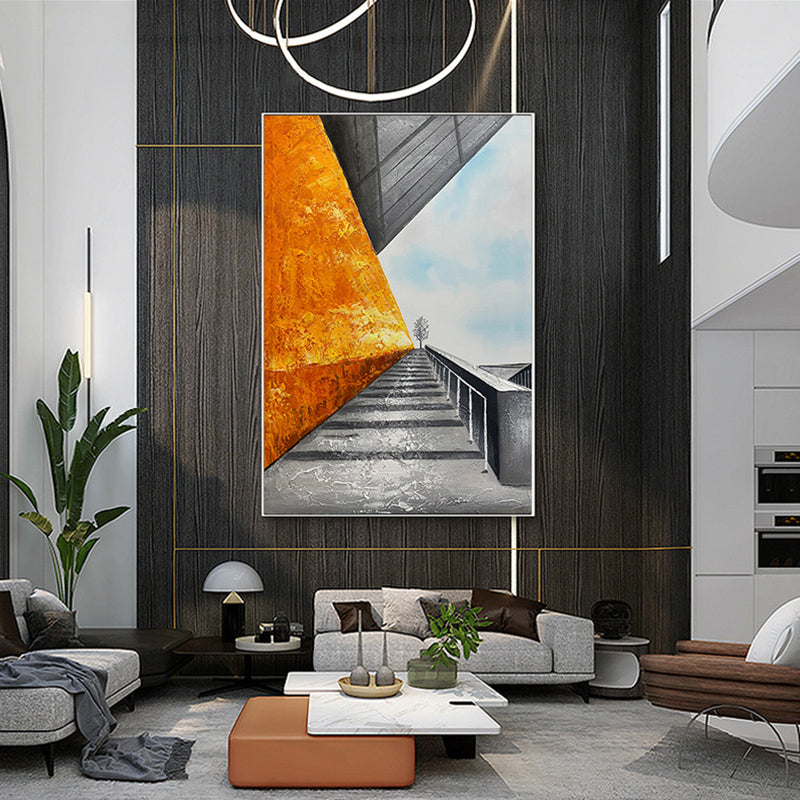 #770Hand Painted Oil Painting Space Abstract Black and White Orange Decorative Painting LivingRoom Background Wall Hanging,31inx47in,No Frame