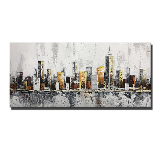 Handmade Building Oil Painting Abstract City Scenery Art Canvas Painting Wall Hangings Picture For Living Room,27inx54in,No Frame