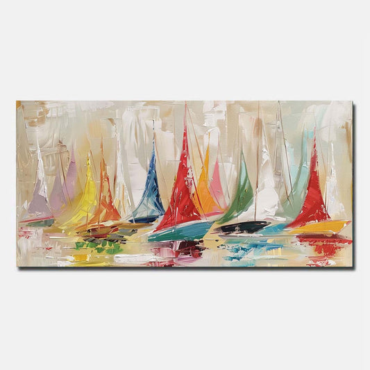 Hand Painted Oil Painting On Canvas Abstract Wall Art Red Sailing boat   Unframed/Rolled