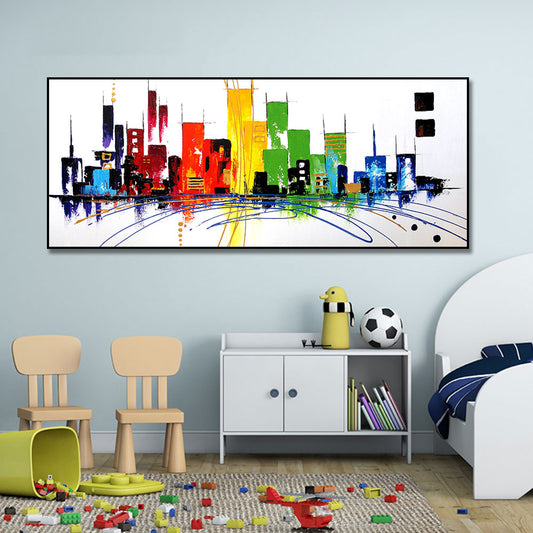 #590Hand painted Abstract Landscape Oil Painting Colorful Mordern Building Wall Art Handmade Canvas Painting for Livingroom,27inx54in,No Frame