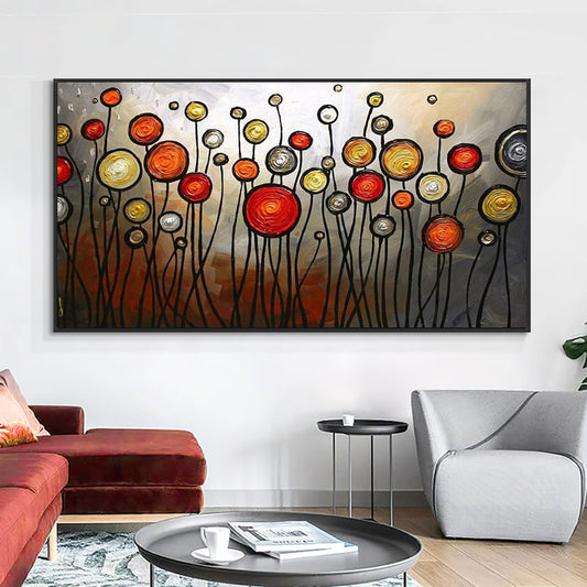 Hand Painted Abstract Red Yellow Round Flowers Oil Painting On Canvas Thick Knife Painting Wall,27inx54in,No Frame