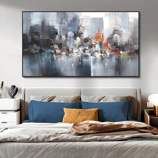 Handmade Oil Painting On Canvas Modern Abstract Wall Art NY City Building Skyline Grey Oil Painting,27inx54in,No Frame