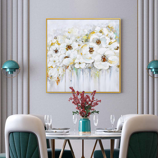 Modern Flower Painting Hand Painted Oil Painting Thick Oil 3D Knife White Flowers Painting For Wedding,31inx31in,No Frame