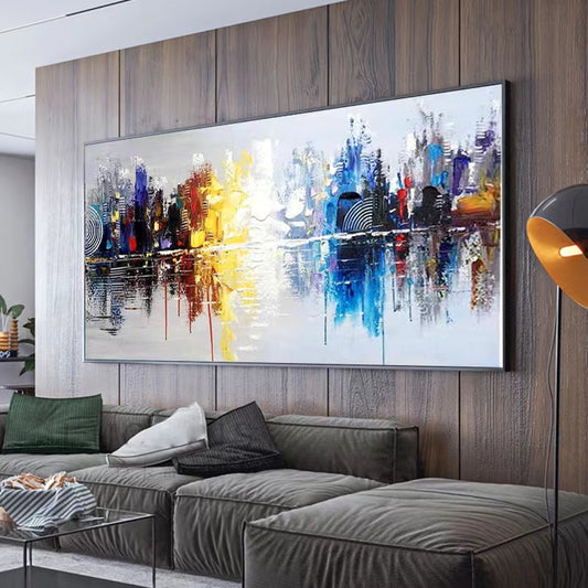 Pure Handmade Oil Painting Modern Minimalist Decorative Painting Aisle Living Room Sofa Mural City Night View,27inx54in,No Frame