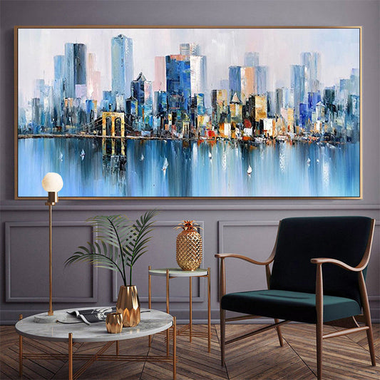 Wall Art Cityscape Oil Painting Hand Painted Decorative Modern Abstract Urban Colorful Handmade Painting,27inx54in,No Frame