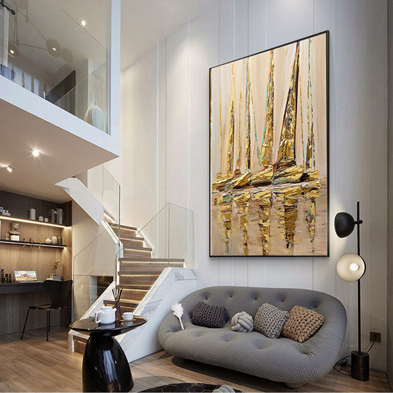 Modern Abstract Hand painted Knife Painting on Canvas Sailing Boat Oil Painting Golden Large Quadros Decorativos,31inx47in,No Frame