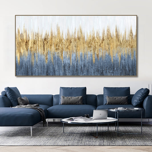 #530Hand Painted Abstract Landscape Blue Oil Painting Handmade Original Gold Foil Canvas Art Painting For Modern,27inx54in,No Frame