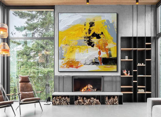 LargeAcrylicPaintingYellowAbstractPaintingExtraLargeCanvasArtModernWallArtCanvasTexturedWall 31in,No Frame
