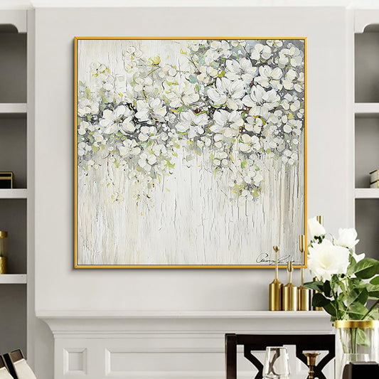 Modern Flower Painting Hand Painted Oil Painting Thick Oil 3D Knife White Flowers Painting For Wedding,31inx31in,No Frame