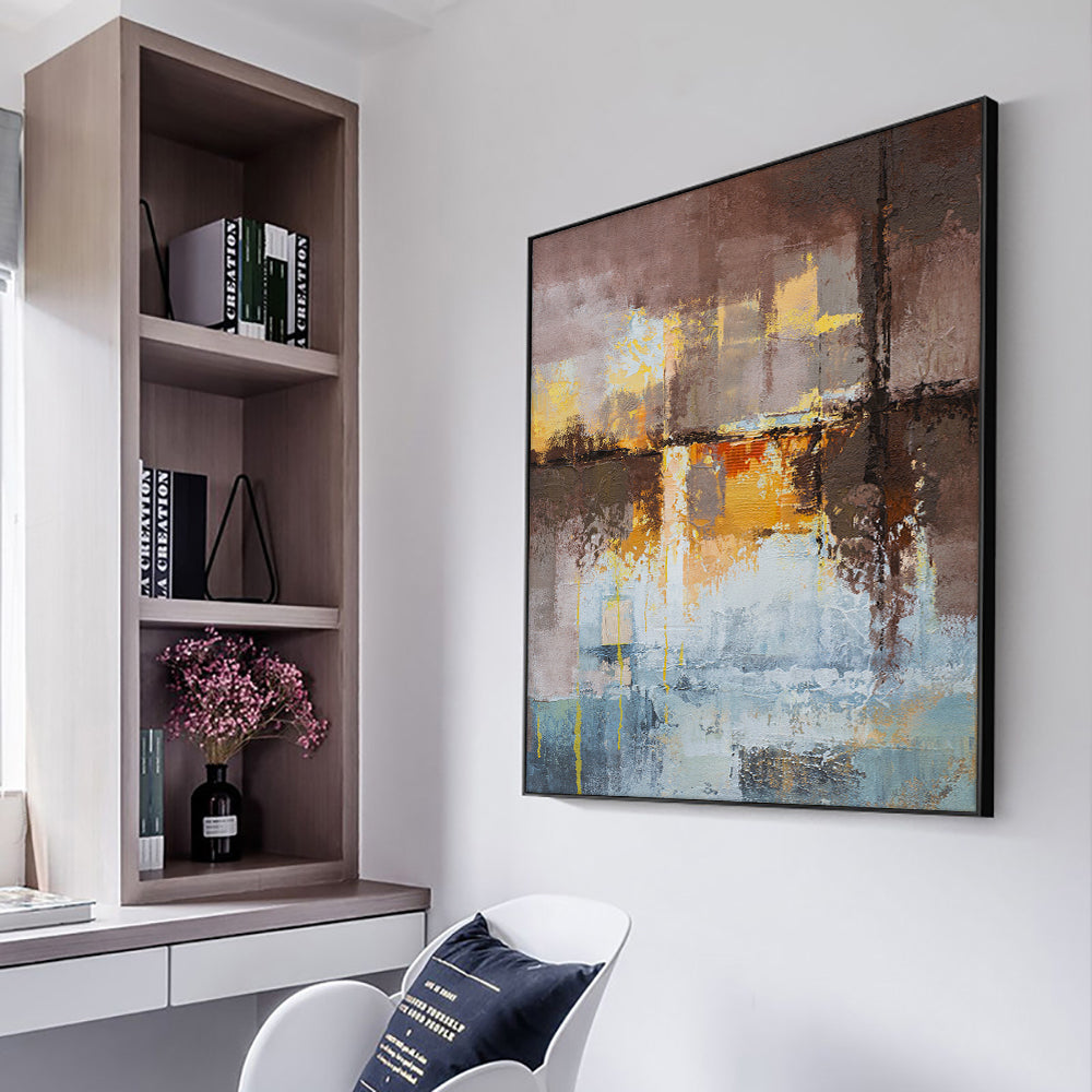 Abstract Coffee With Yellow Oil Painting Hand Painted On Canvas Modern Handmade Wall Art,31inx31in,No Frame