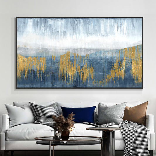 Abstract Handmade Landscape Oil Painting On Canvas Blue With Gold Foil Paintings Wall Art For Bedroom,27inx54in,No Frame