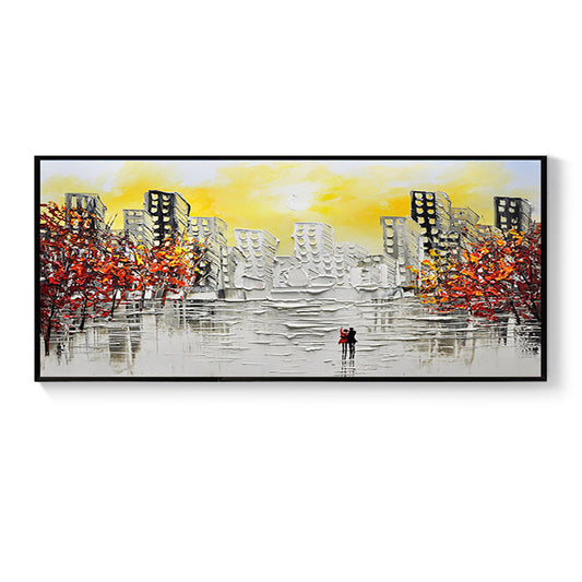 Hand painted Abstract City Building Oil Painting Wall Art Handmade Canvas Painting for Livingroom Home,27inx54in,No Frame